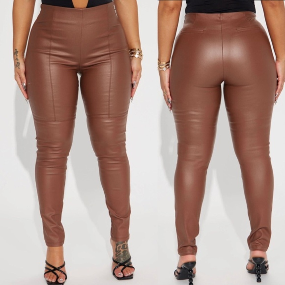 NEW Faux Leather High Rise Side Zipper Stretch Skinny Pant Chocolate Brown Small